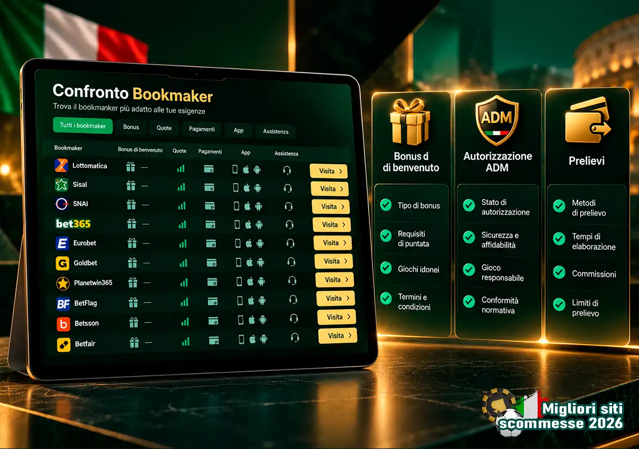 Tabella bookmaker su tablet con confronto di bonus, autorizzazione ADM e payout.